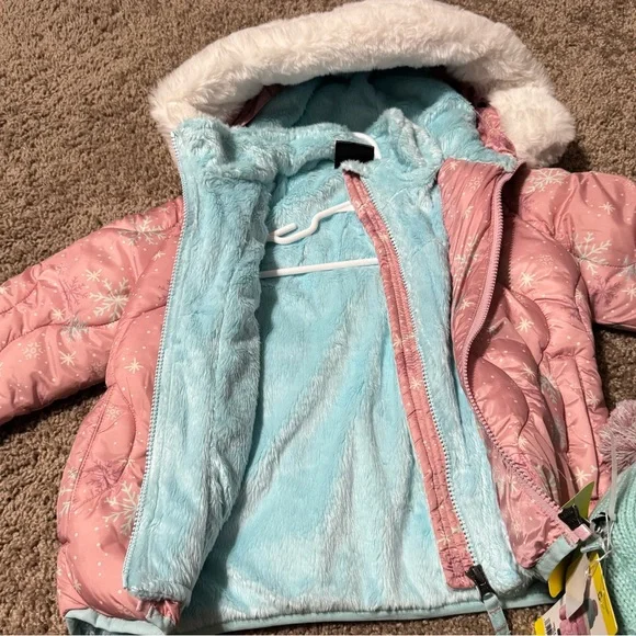 Snozu Pink Snowflake Puffer Jacket with Fur Hood - Picture 4 of 5